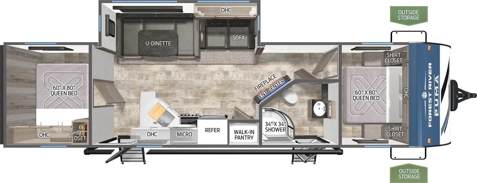 The Puma 28BHSS-2B floorplan has two entries and one slide out. Exterior features include: metal exterior and 20' awning. Interiors features include: u-dinette, front bedroom, rear bedroom and two bedrooms.